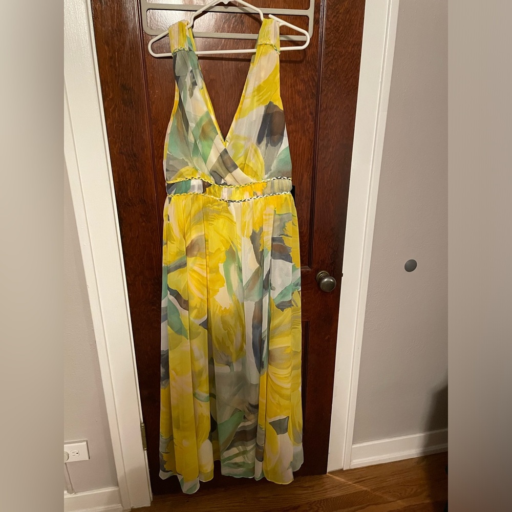 WHBM Sunny Floral Ecru Sleeveless V-Neck Braided Waist Maxi Dress, size 12